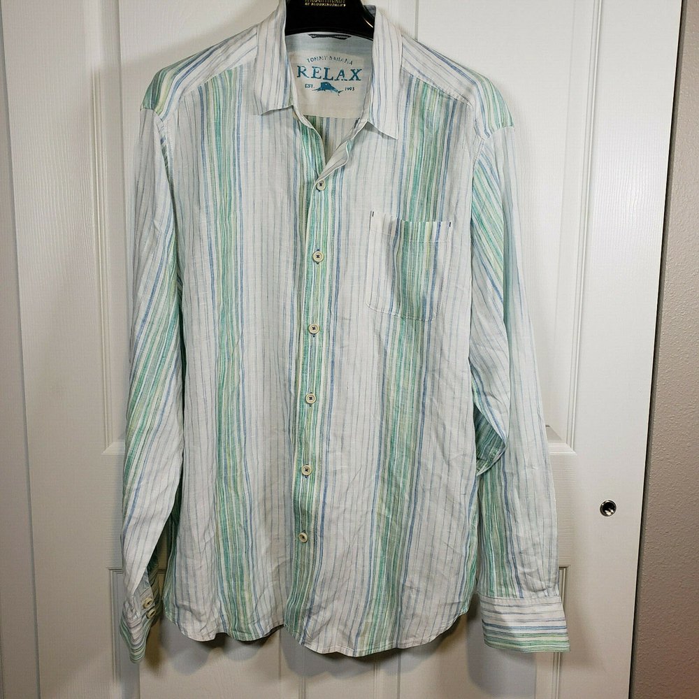 Tommy Bahama Relax Shirt Men’s XL/TG Teal Striped Long Sleeve Linen